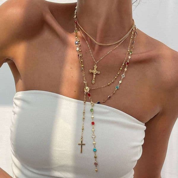 Luxury Rhinestone Cross Pendant Set for Women Vintage Simple Colorful Crystal Long Y-shaped Necklace Y2K Party Jewelry Y260302