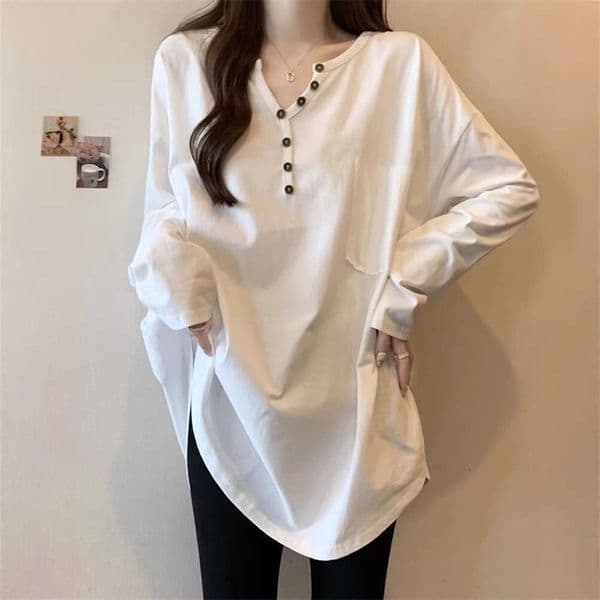 Designer Free Shipping Free Shipping Loose V-Neck Long-Sleeve T-Shirt For Women, Spring Designer 2026, Plus Size, Mid-Length, Covers The Hips, Top A10415