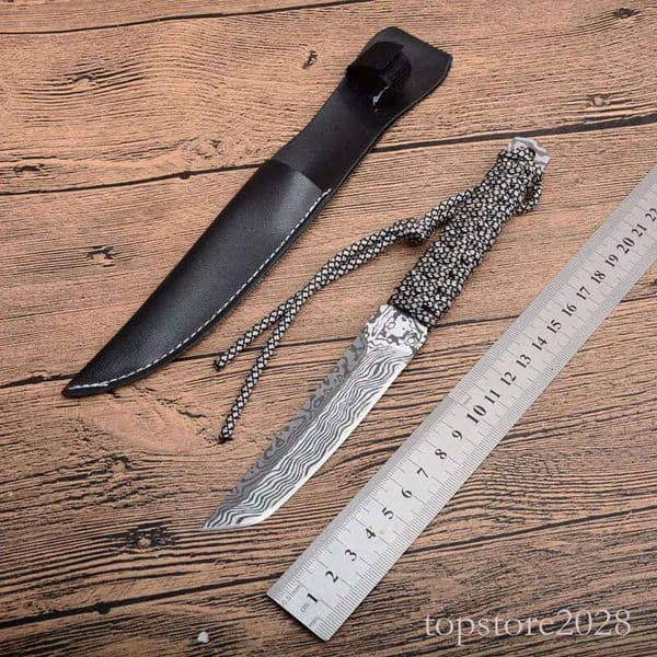 New Small katana Fixed Knife 440C Tanto Blade Full Tant Paracord Handle Straight Knives With Leather Sheath