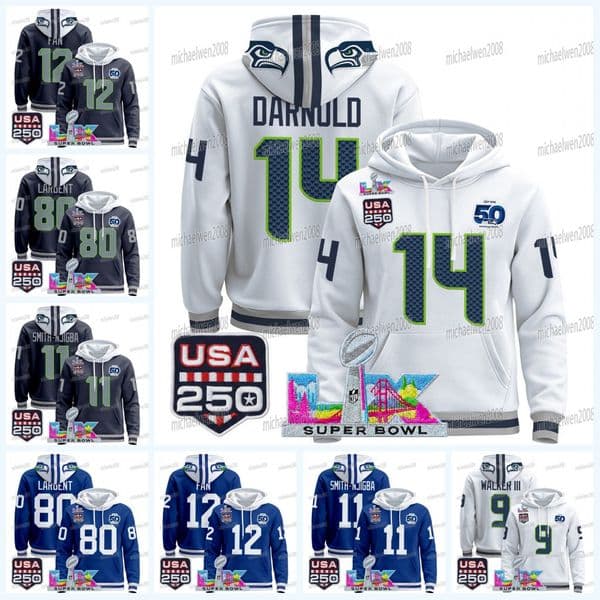 Seattles Seahawkss 2026 Super Bowl LX Patch Hoodie Jersey Sam Darnold Jaxon Smith-Njigba Witherspoon Walker Lockett Wagner Large Custom Women Youth
