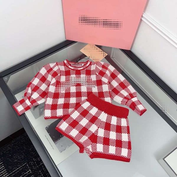 autumn winter girls outfit vintage plaid lantern sleeve sweater knitted top and shorts twopiece set british style for girls
