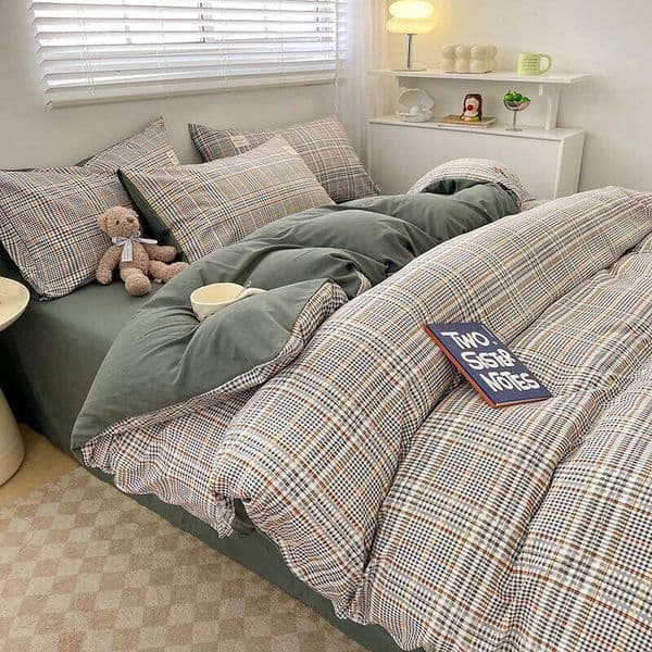 For Nordic Plaid Pattern Wash Cotton Bedding Duvet Pillowcase Sheet Comforter Cover Bed Linens Set Queen King W260302