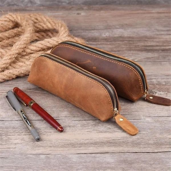 1PC Leather Zipper pencil pen Pouch Bag - Small Travel Makeup Cosmetic Bag - Vintage Coffee 260227