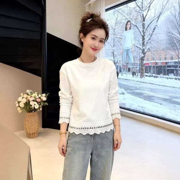 Free Shipping Free Shipping Korean-Style Elegant Designer Design White Long-Sleeve For Women, 2026 Spring, Super Stylish, Can Be Worn Alone, Designer Top T-Shirt A10407