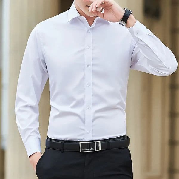Plus Size Men Solid Color Business Shirt Fashion Classic Basic Casual Slim White Long Sleeve Shirt Clothes 260208