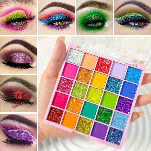 A 25-color vibrant glitter eyeshadow palette with matte, shimmer, and sparkle effects, perfect for Halloween stage shows 26L0303