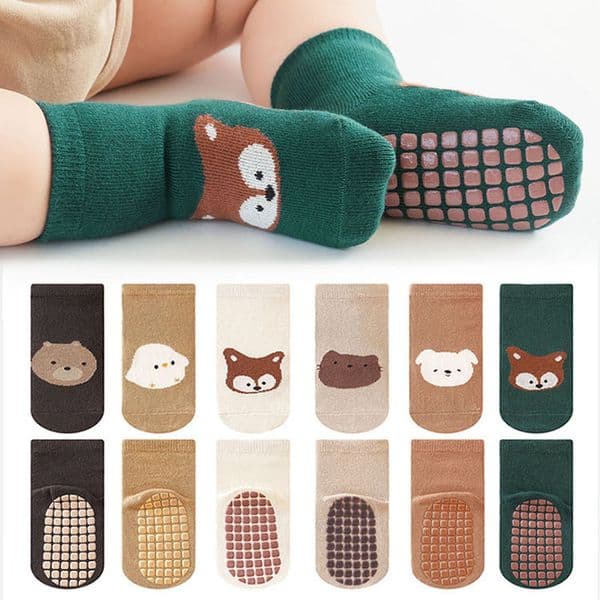 Kids Non-Slip Socks Cute Cartoon Fox and Bear Pattern Childrens Boys Girls Floor Socks Comfortable for Toddler