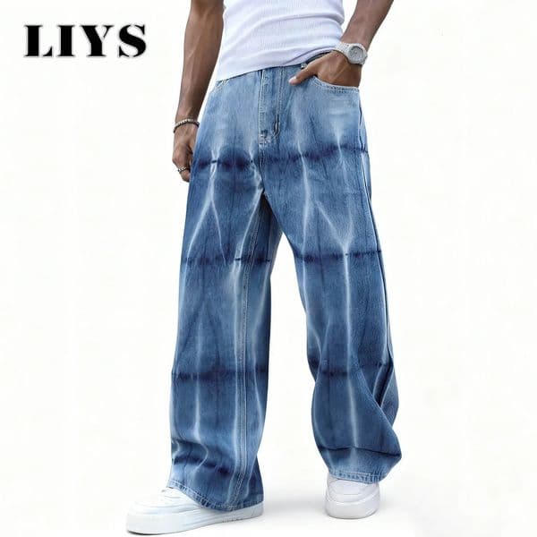 Mens American Blue Casual Baggy Wide Leg Jeans High Street Korean Edition Y2K Personalized n Denim Pants Unisex Clothes 260228BANJIA