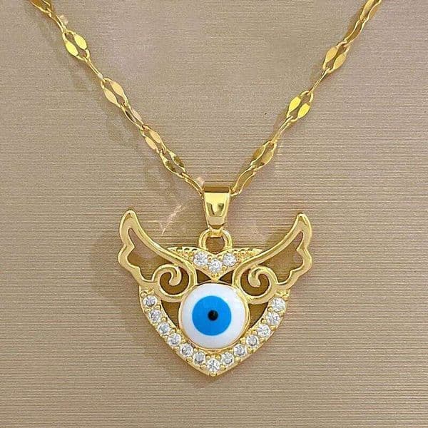 Stainless Steel Chain Zircon Heart with Angel Wings Pendant Necklaces for Women Creative Evil Eye Heart Jewelry Accessories Gift