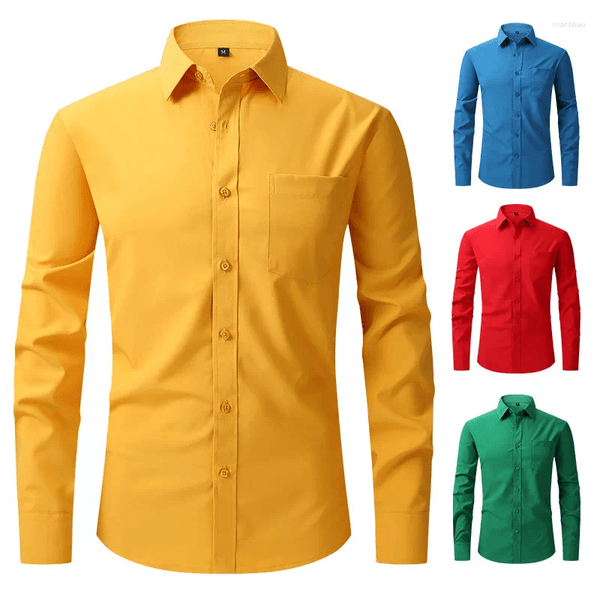 Men's Casual Shirts White Blue Yellow Red High Quality Spring Regular Fit Long Sleeve Shirt Men Formal Wedding Elastic Male