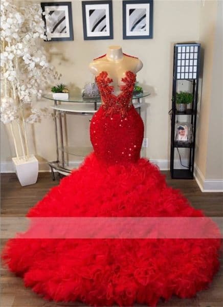 Designer Red Beaded Crystal Tulle Ruched Train Prom Dresses For Black Girls Mermaid Ladies Dress Special Evening Gowns Customized BC21987F25