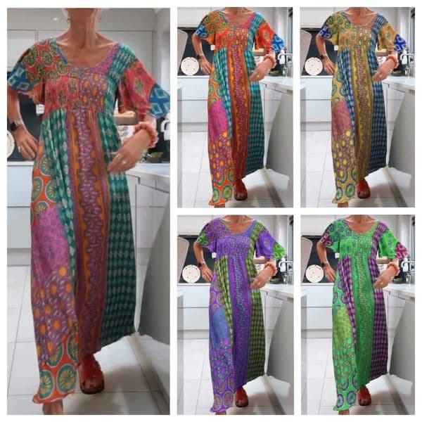 2024 Summer Womens Fashion Printed Loose Short-Sleeve Round-Neck Dress with Pockets 240820