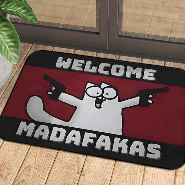 VIKAMA Cartoon Gun Cat Humorous Doormat for Entryway Living Room American-Style Fun Rug Durable Easy to Clean S260302
