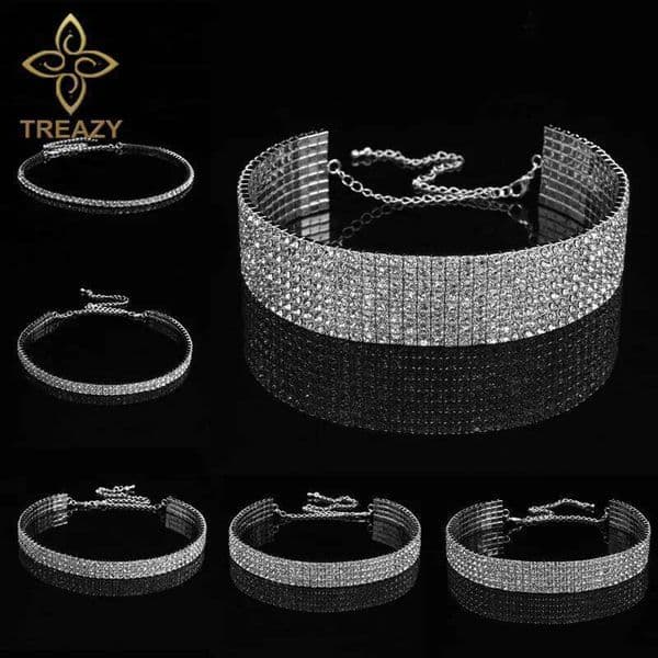 TREAZY Bridal Wedding Prom 1-5 Row Rhinestone Chain for Women Diamante Crystal Choker Necklace Elastic Cord Y260302