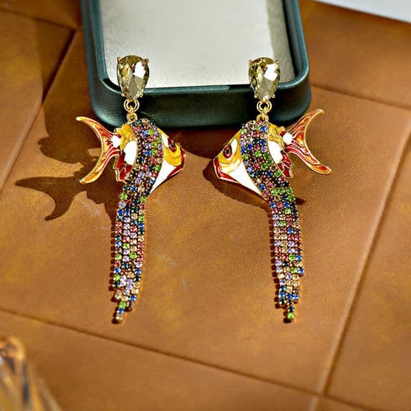 Earrings Palace Style Colorful Zircon Long Tassel Earrings Exaggerated Luxury Goldfish Electroplated Real Gold Stud Earrings For Women