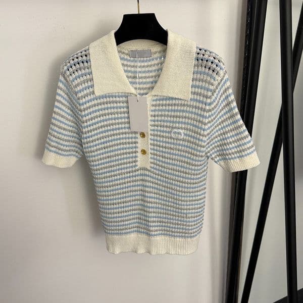 Women Designer Polo Knitted Tee Y2K Style Hollow Out Short Sleeve Top Summer Vacation Elegant Lapel T Shirt