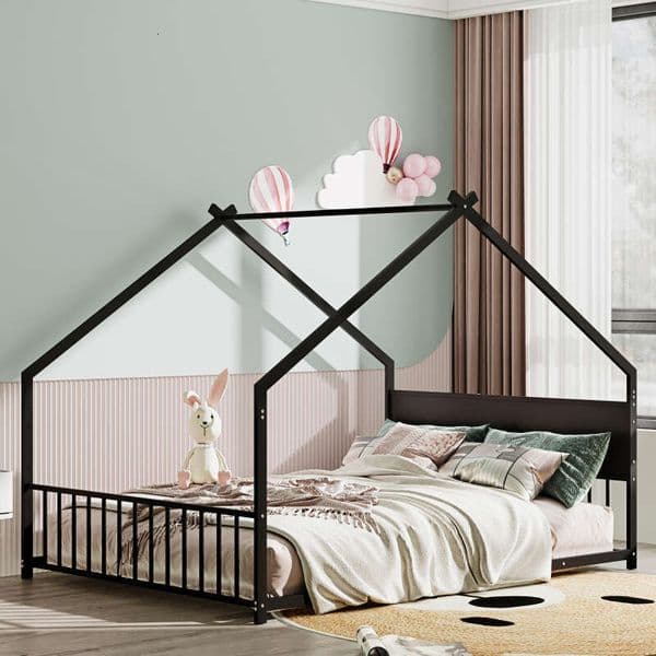 Full Size Roof Colorful Lights, Metal Frame with Slats Legs, House Bed for Boy, Girls and Young Teens, No Box Spring Needed,Black.