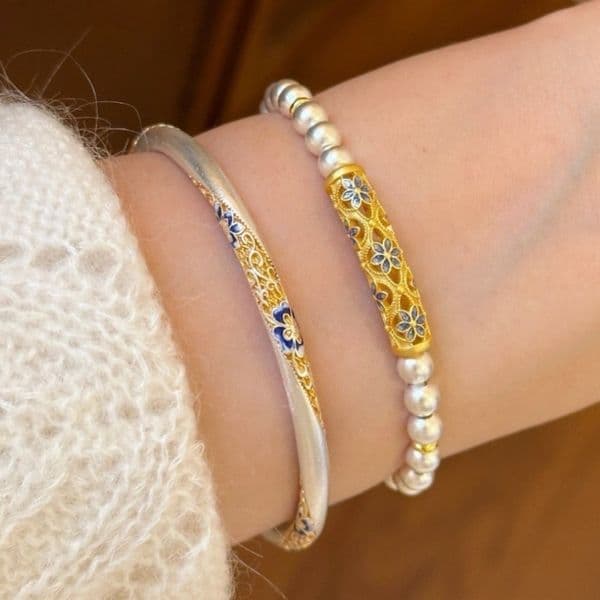 Chinese Style Enamel Bangle For Women National Trend Enamel Glaze Vintage Oriental Elegant Open Cuff Bracelet Traditional Fashion Jewelry Gift