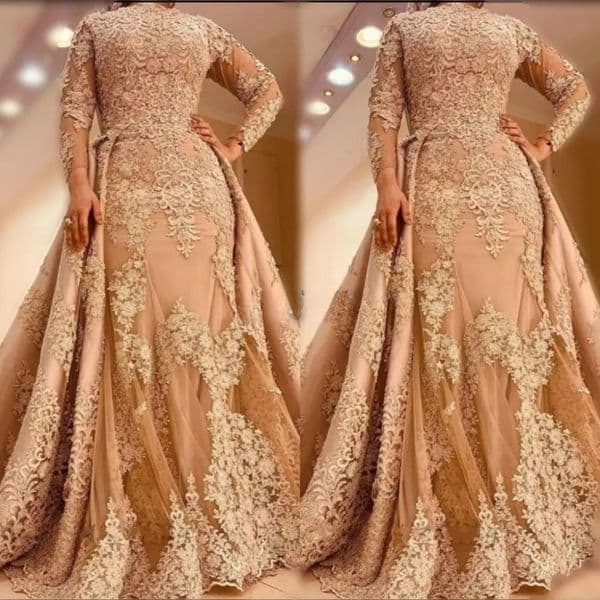 Elegant Champagne Mermaid Lace Evening Dresses Appliques Long Sleeves Muslim Islamic Prom Party Dress With Detachable Train Vestidos F26BC22355