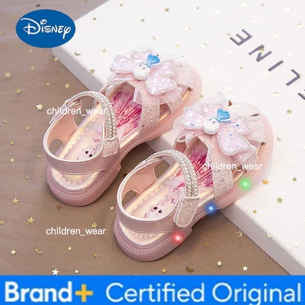 Disney KidsSandalsl Led Light Elsa Princess Frozen PU Leather Sequin Pearl Summer Shoes Anti-slip Breathable Pink Blue Size 22-32 H260303