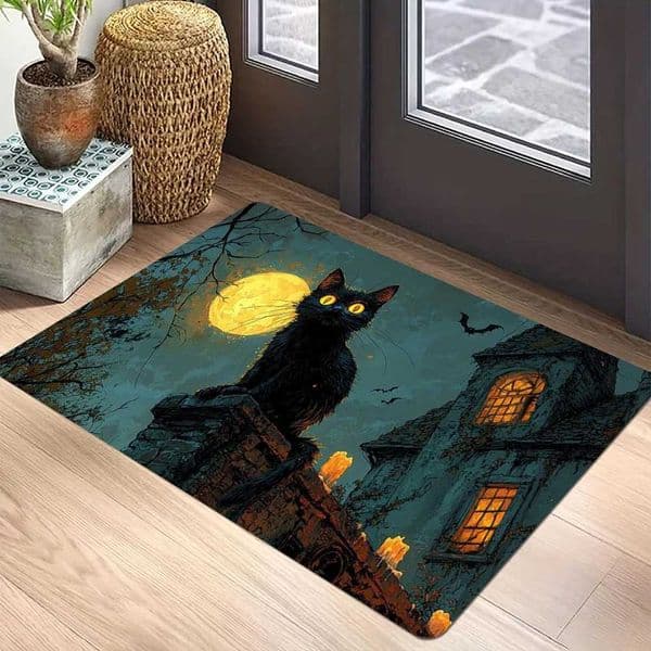 1pc Van Gogh Oil Painting Style Black Cat 3D Print Non-slip Rug Entrance Mat Home Living Room Bedroom Ornament Halloween Decor S260302