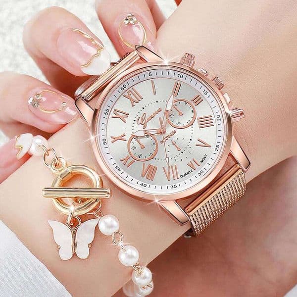 2PCS/Set Women's Fashion Plastic Band Analog Quartz Watch Pearls Butterfly Bracelet Set XJ260303