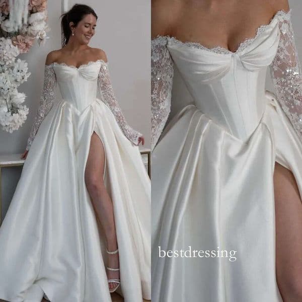 Gorgeous Lace Satin Dress For Bride Off Shoulder Long Sleeves Country Wedding Dresses Backless Vestidos De Novia Split Ruffle Bridal Gowns Mariage N10 B0303