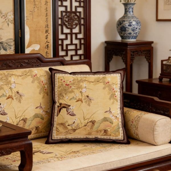 Designer New Chinese Meticulous Painting Insects Flowers Throw Pillow 45x45cm Mid-century Modern Cushion for Sofa Bedside Back Support