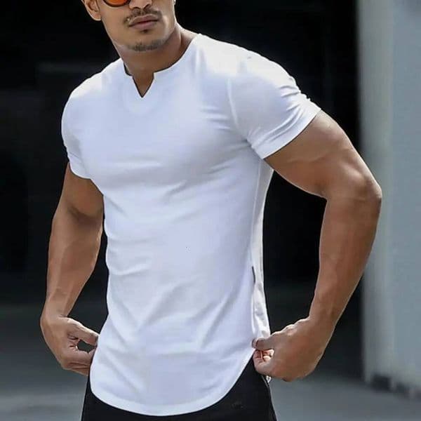 Long Type Slim Fit Men V-Neck Short Sleeve Arc Hem T-shirt Summer Solid Color Tee Shirt Casual T-shirts Sports Tees ddmythur
