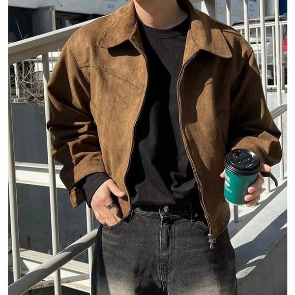 Spring Nd Autumn Retro High Street Suede Short Jcket For Men Loose Fit Stylish Verstile Motorcycle Turndown Collr Flight Designer Jacket Csul Jcket