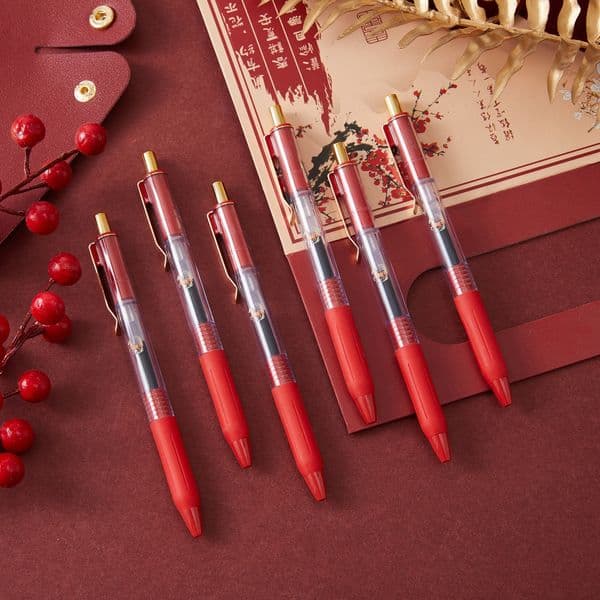 Festive Red 1.0mm Gel Pen with UV Lucky Horse Print & Gold Button, Super Smooth, Extra Large Ink