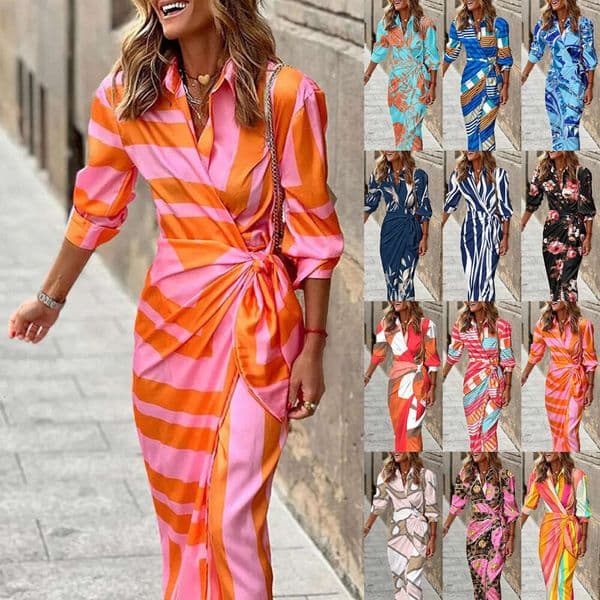 New European and American cross-border foreign trade women's clothing: Fashionable printed shirt-collar tie-waist mid-length striped dress