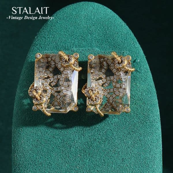 er Transparent Crystal Earrings Stud Rhinestones Square Winding Gold Color Vintage Jewelry High Quality Accessories 260302