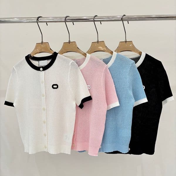 Designer Hollow Out Knitwear For Women Summer Round Neck Casual Knit T Shirt Daily Style Short Sleeve Cardigan