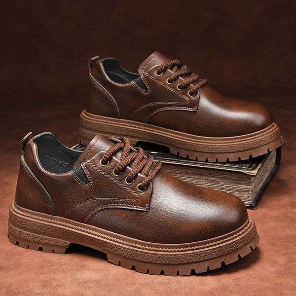 Four-season Solid Color Round-toed Shallow-cut Low-top Flat Retro Versatile Leather Men's Large-sized Laced Casual Work Boots