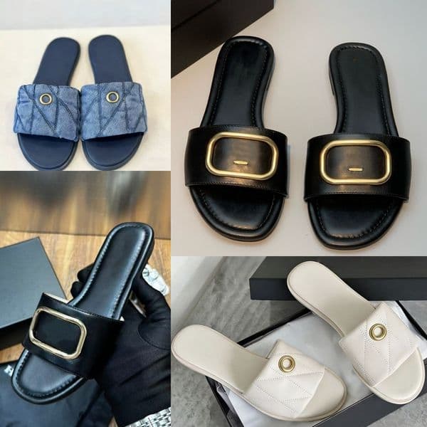 free shipping With box designer slides women Leather flat heel Slippers slide Metal buckle encrusted slippers Classic casual sandals womens Outdoor beach slippers