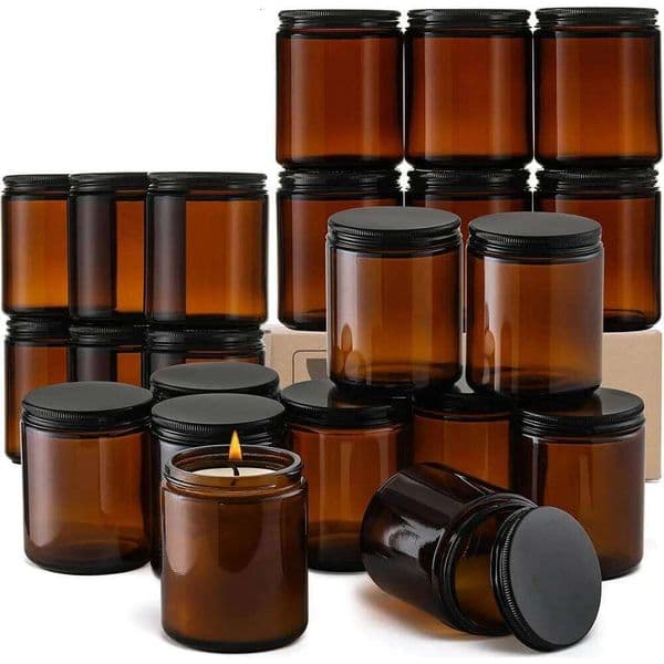 8oz Amber Glass Jars with Black Lids - For Candle Making, Food Storage, Canning, Spices, Liquids W260304