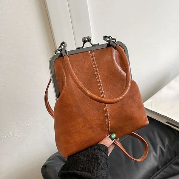 Large Capacity Vintage Womens Handbag Elegant Kiss Lock Shoulder Bag PU Leather Retro Chinese Style Crossbody Bag Solid Color 260304