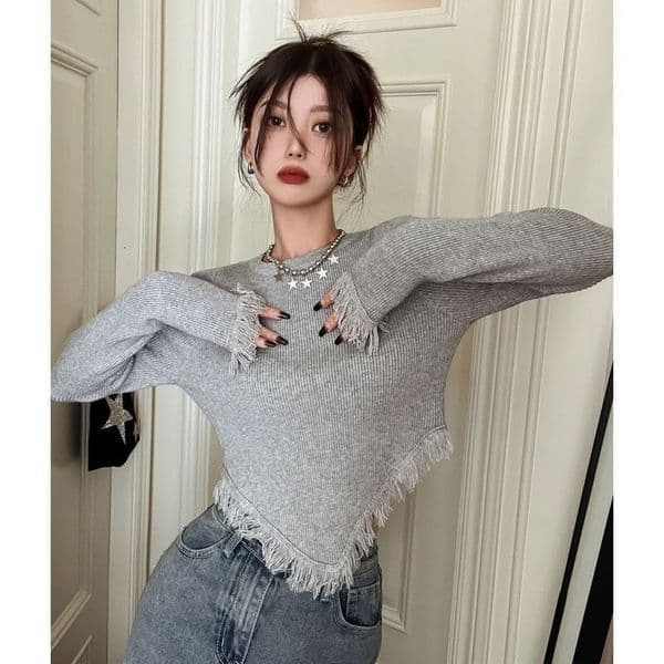 Autumn Winter Design Round Neck Tassel Designer Shirt Irregular Long Sleeve T-shirt For Polo Shirt Women Designer Hoodie Slim Fit Pure Desire Style Short Autumn Top