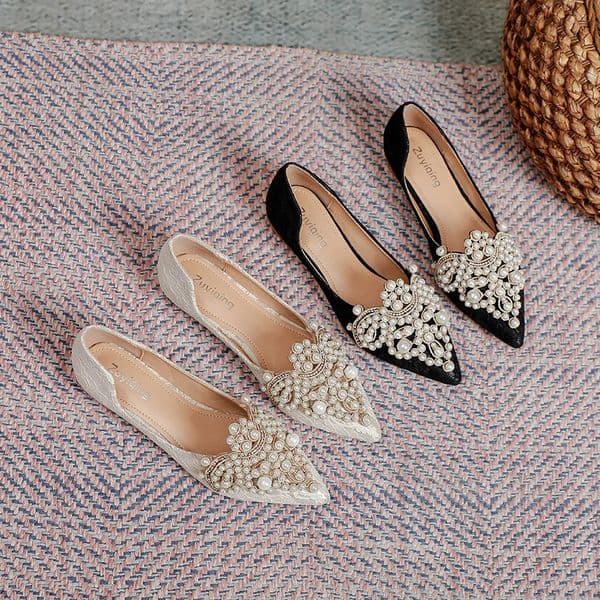 Beads Wedding Shoes Women 2026 Lace Embroider Flats Woman Ballerina Pointed Toe Pearl Loafers Sneakers Plus Size 35-43 260303