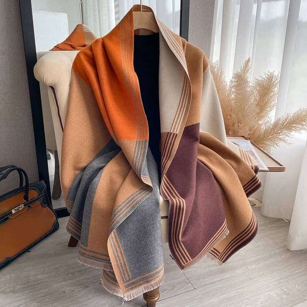 Winter women's geometric splicing faux cashmere fall winter thickened fashion warm and versatile scarf shawl XJ260304