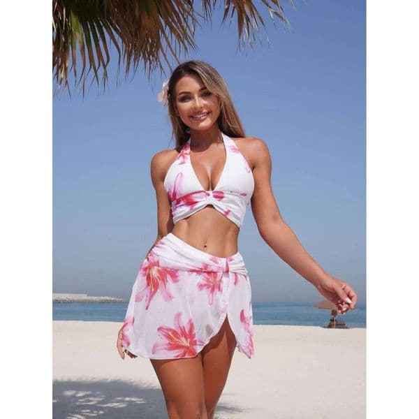 Women's 2026 Sexy 3 Piece Swimsuit Set Bikini Top Knit Beach Skirt & High Waisted Bottoms Summer Halter Floral Sundress Y260303