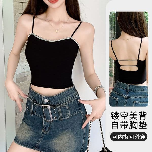 Rhinestone-embellished Camisole With Chest Pads For Women Designer Shirt Short Hollow-out Beautiful Back Suitable For Inner Wear Designer Hoodie Polo Shirt