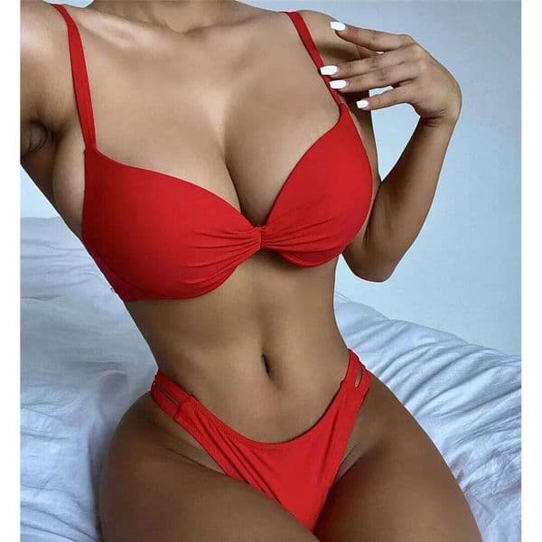 Sexy Red Push Up Swimsuits Women Bikinis Sets 2025 Mujer Swimwear Ruched High Cut Bathing Suit Biquinis Underwire Bikini Bathers Y260303