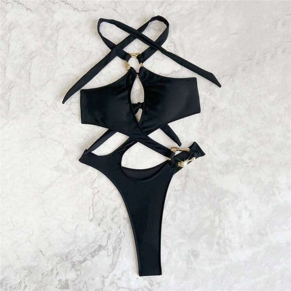 Solid Black Halter Backless Swimwear Woman 2025 One Piece Swimsuit Hollow Out Monokini Cross Bandage Metal Ring Swimming Wear Y260303