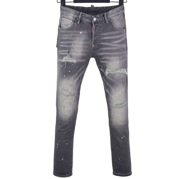 6071 Four Seasons New D2 Jeans Men's Washed Ripped Patch Paint Button Stretch Leg Grey 26Y0304