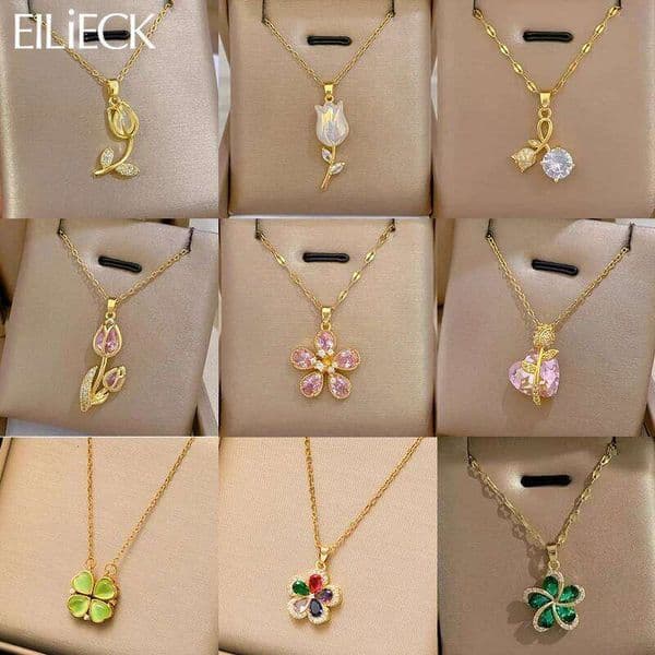 EILIECK 316L Stainless Steel Fashion Chic Cubic Zirconia Flower Pendant Necklace Tarnish Resistant Stylish Neck Chain Jewelry H260304