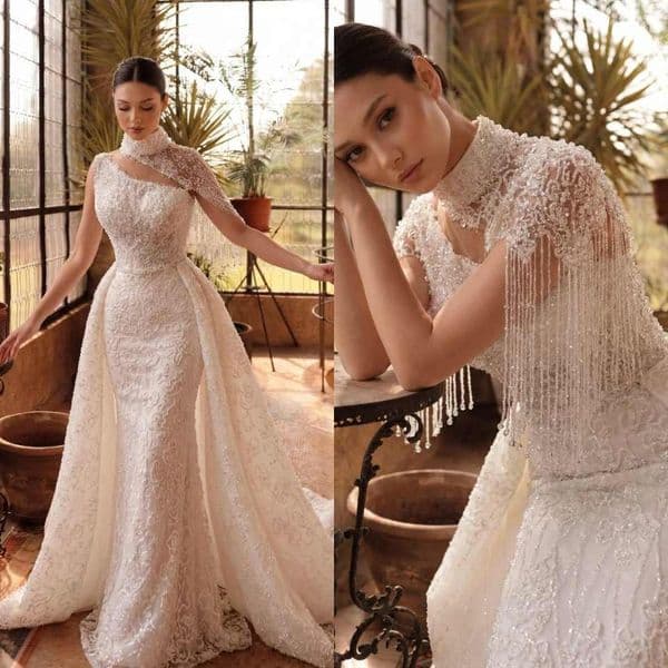 Elegant Mermaid Wedding Dress With Wrap One Shoulder Sequins Beading Bride Gowns Simple Sleeveless Floor Length Bridal Dresses Customized
