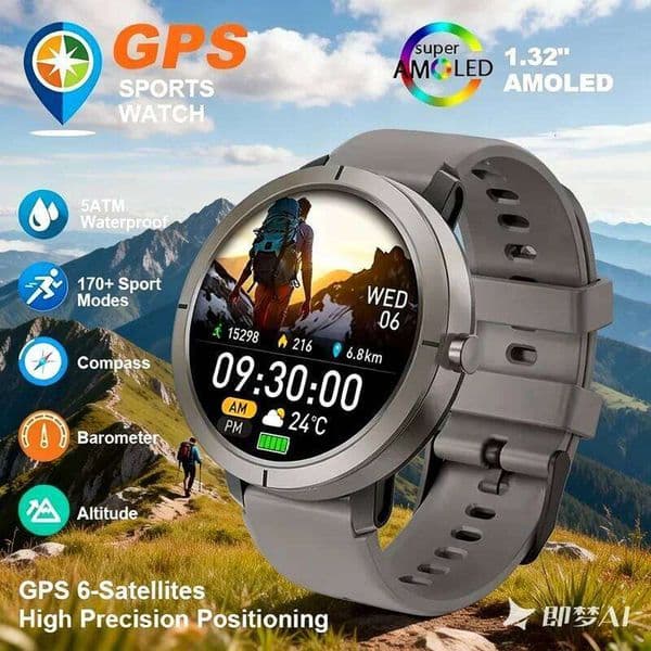 GPS Smartwatch 1.32" AMOLED 200 Faces BT Call 5ATM Waterproof 170 Sport Mode Smart Watch Compass Barometer Altitude 26H0304