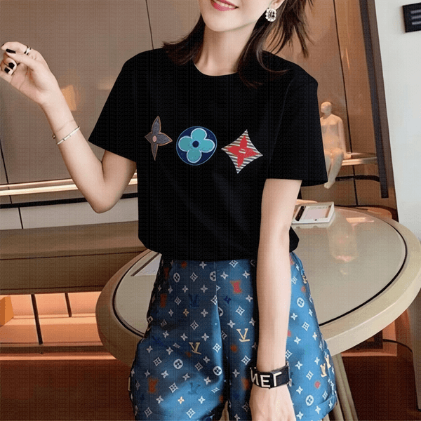 Summer Women's Cotton T-Shirt Colorful Monogram Print Crewneck Short Sleeve Tee Casual Fashion Top for Ladies